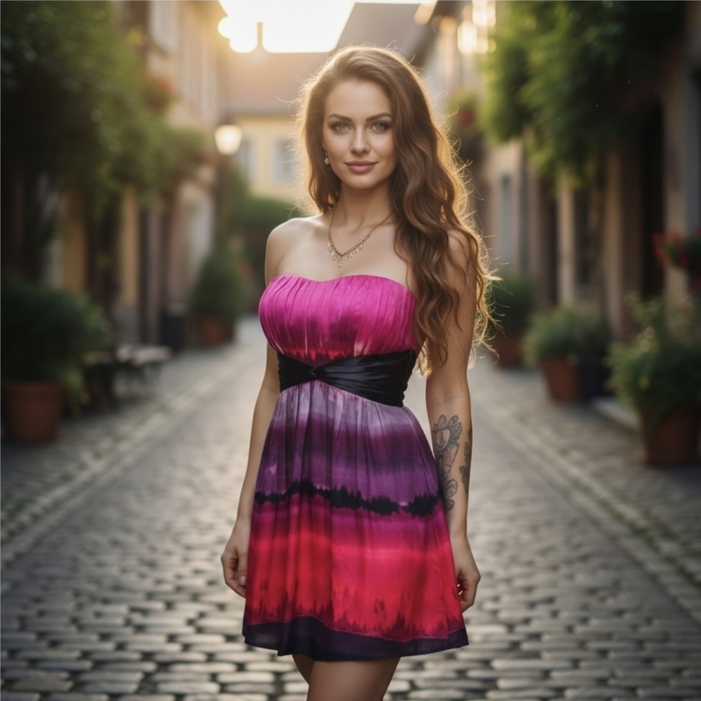 Bebe Silk Strapless Ombre Dress ✦ Pink Black Gradient Bubble Hem ✦ Sweetheart S